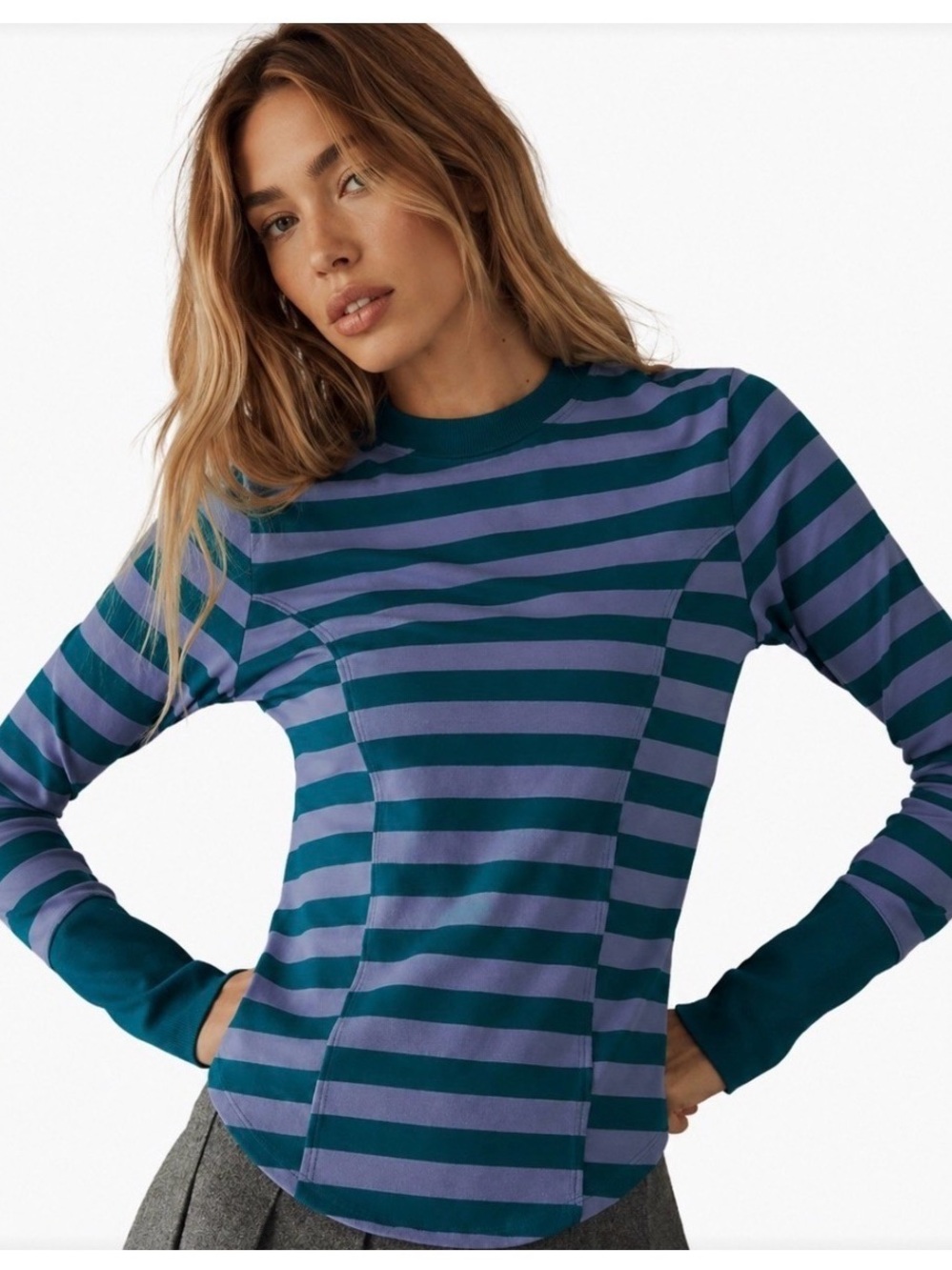 Maeve Striped Long-Sleeve Crewneck Top in Teal and Purple